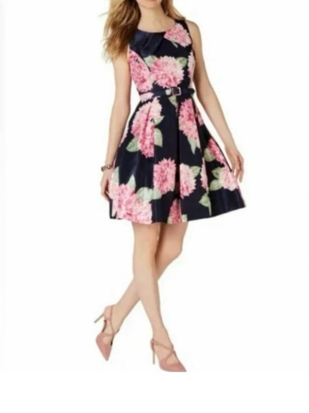 Jessica Howard Navy Dress with Pink Floral Taffeta Dress Size 16